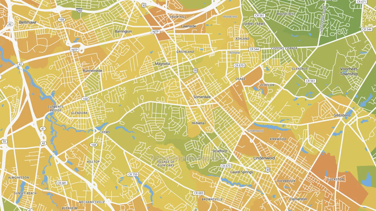 Map of the best neighborhoods in the Somerdale area, with better matches in green and worse matches in red