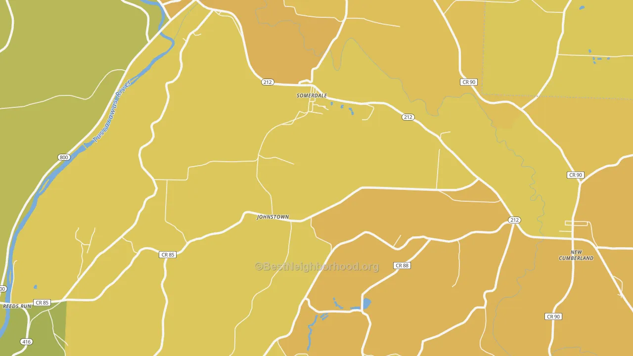 Map of the best neighborhoods in the Somerdale area, with better matches in green and worse matches in red