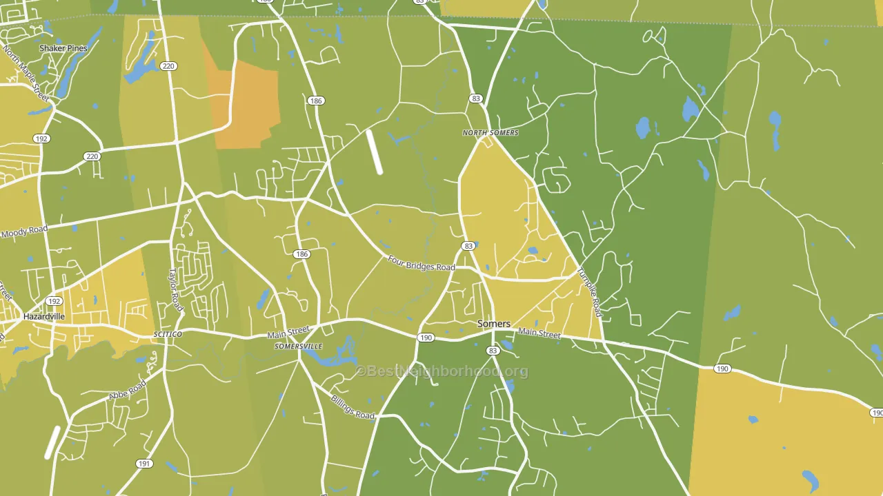 Map of the best neighborhoods in the Somers area, with better matches in green and worse matches in red