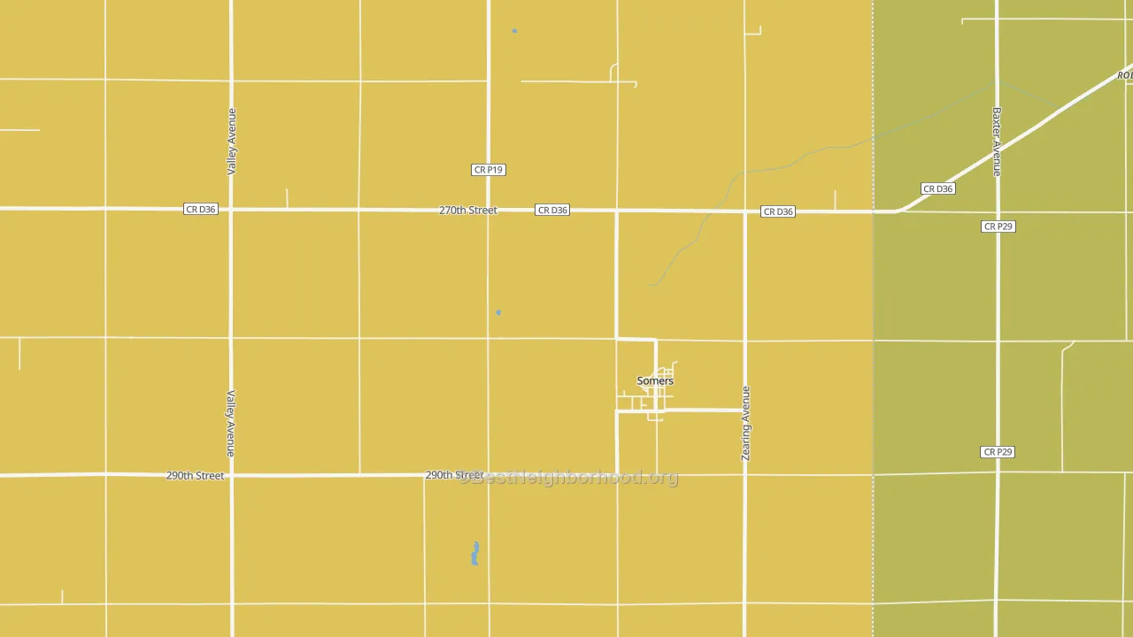Map of the best neighborhoods in the Somers area, with better matches in green and worse matches in red