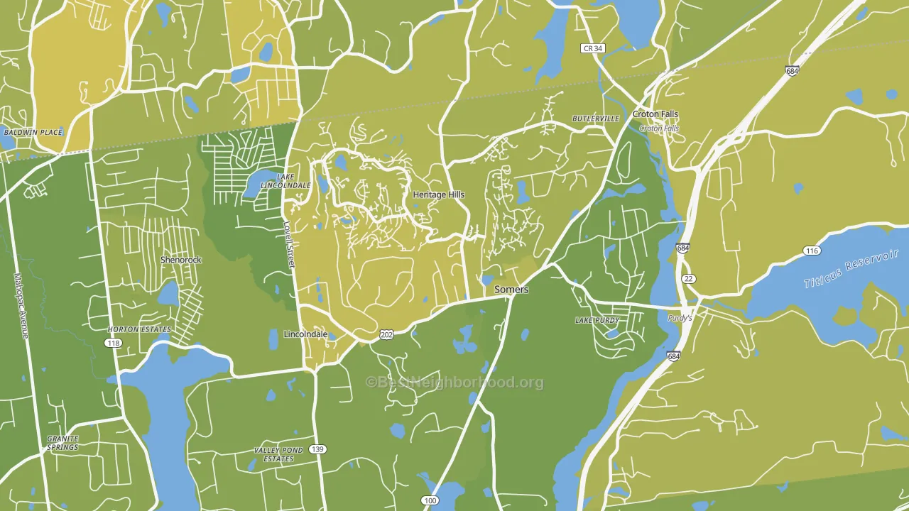Map of the best neighborhoods in the Somers area, with better matches in green and worse matches in red