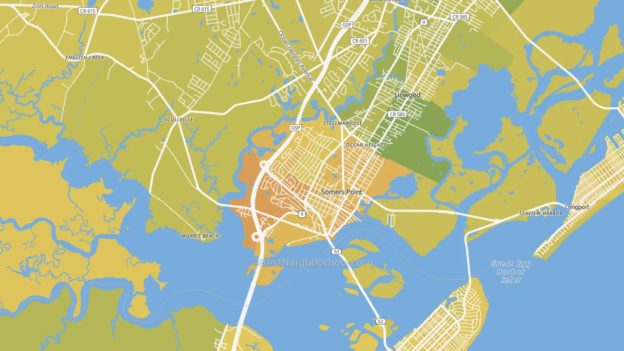 Map of the best neighborhoods in the Somers Point area, with better matches in green and worse matches in red