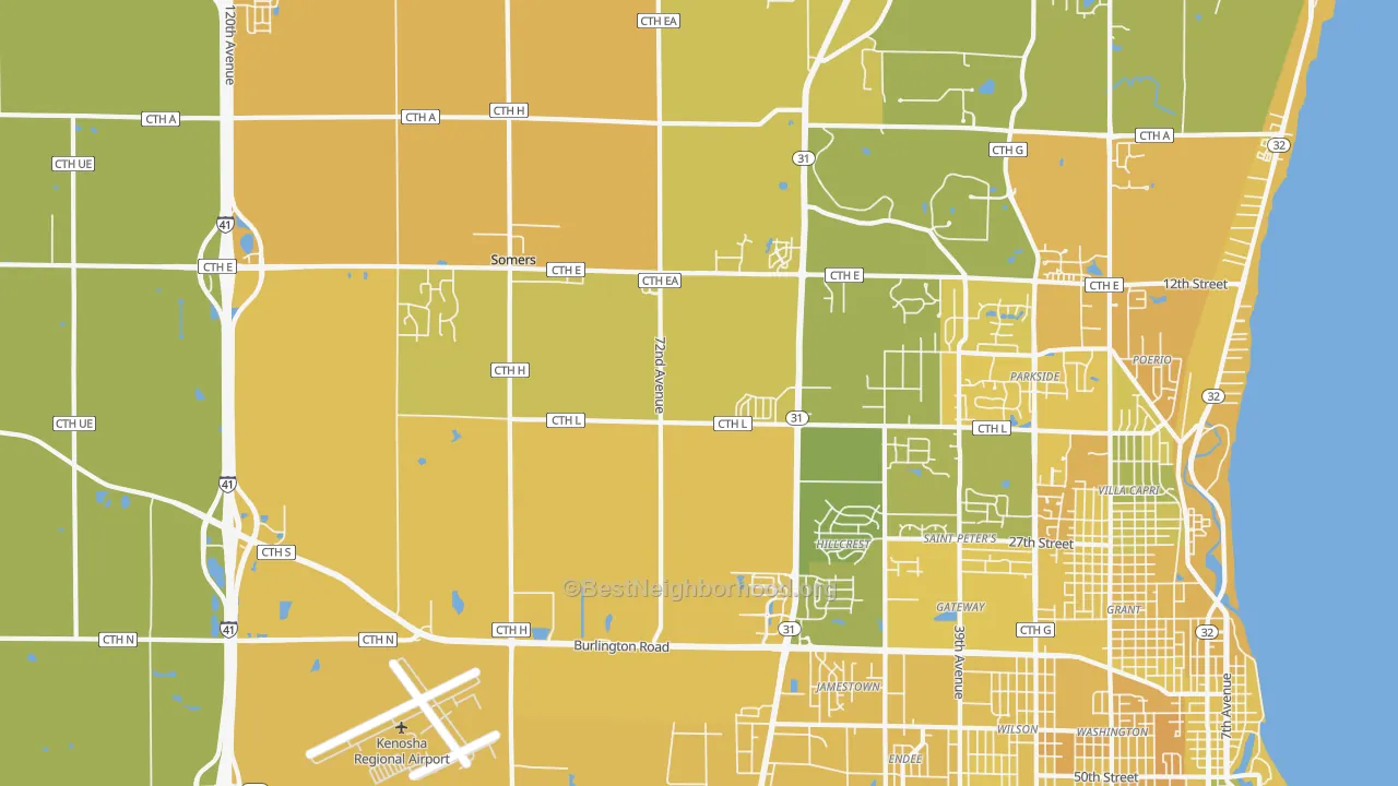 Map of the best neighborhoods in the Somers area, with better matches in green and worse matches in red