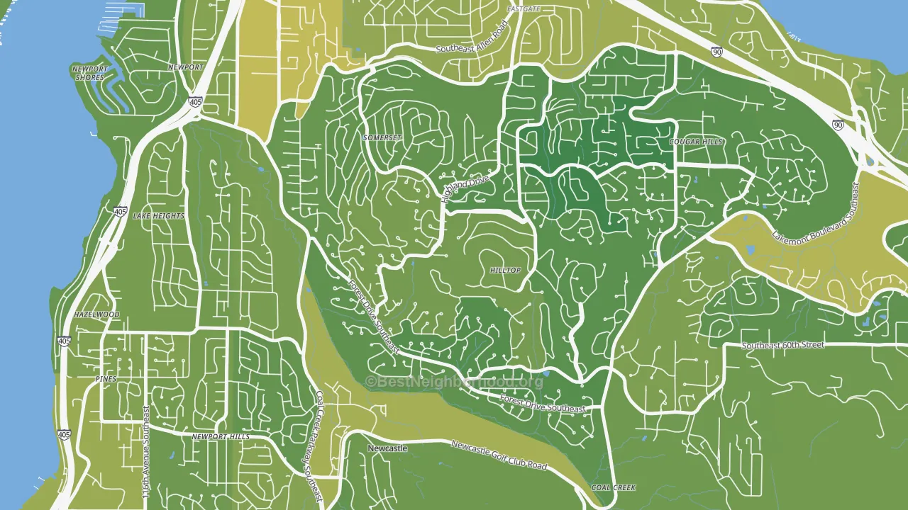 Map of the best neighborhoods in the Somerset, Bellevue area, with better matches in green and worse matches in red
