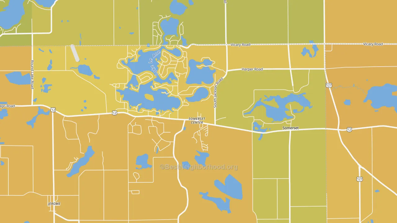 Map of the best neighborhoods in the Somerset Center area, with better matches in green and worse matches in red