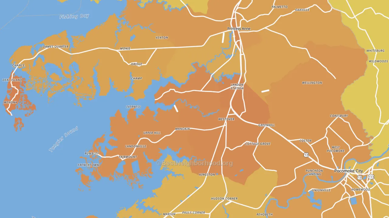 Map of the best neighborhoods in the Somerset County area, with better matches in green and worse matches in red
