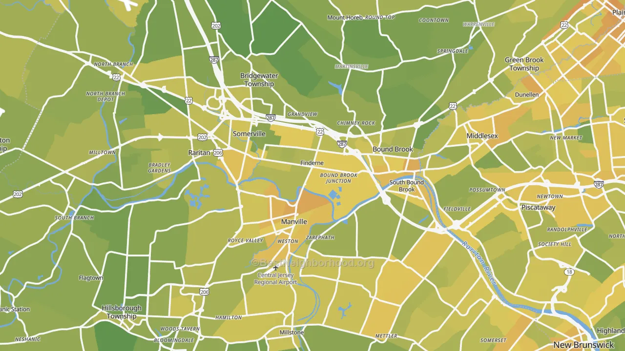Map of the best neighborhoods in the Somerset County area, with better matches in green and worse matches in red