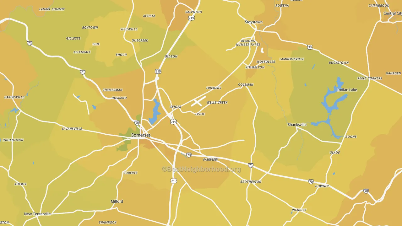 Map of the best neighborhoods in the Somerset County area, with better matches in green and worse matches in red