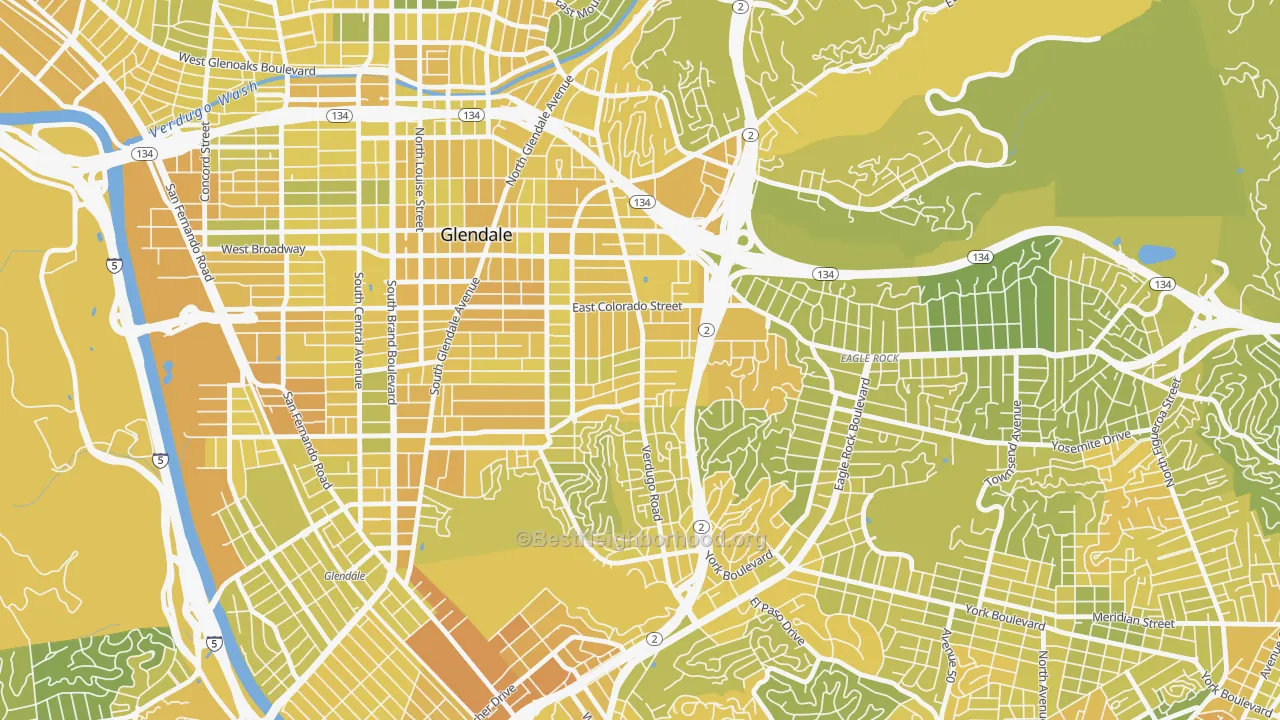 Map of the best neighborhoods in the Somerset, Glendale area, with better matches in green and worse matches in red