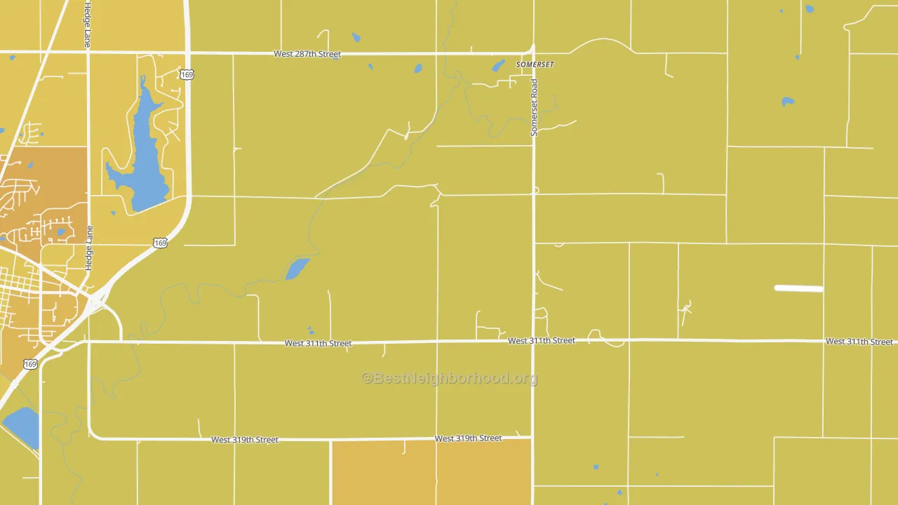 Map of the best neighborhoods in the Somerset area, with better matches in green and worse matches in red