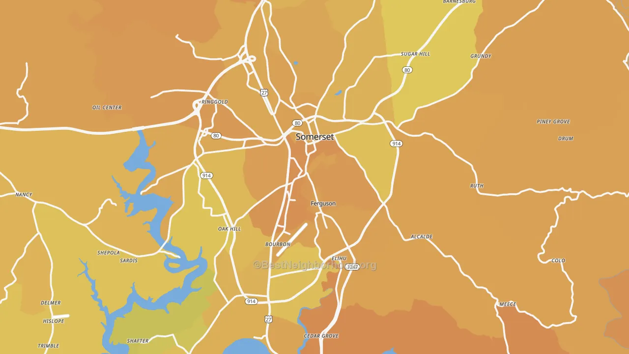 Map of the best neighborhoods in the Somerset area, with better matches in green and worse matches in red