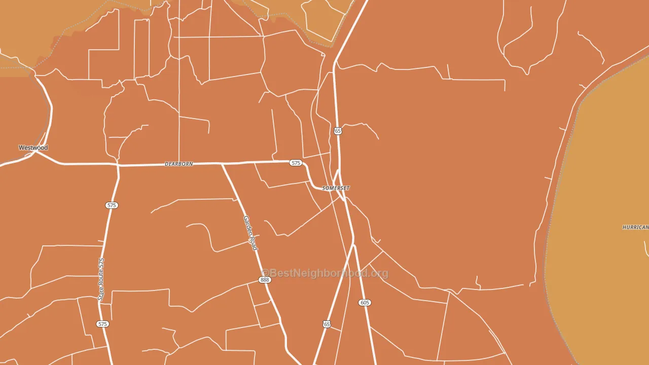 Map of the best neighborhoods in the Somerset area, with better matches in green and worse matches in red