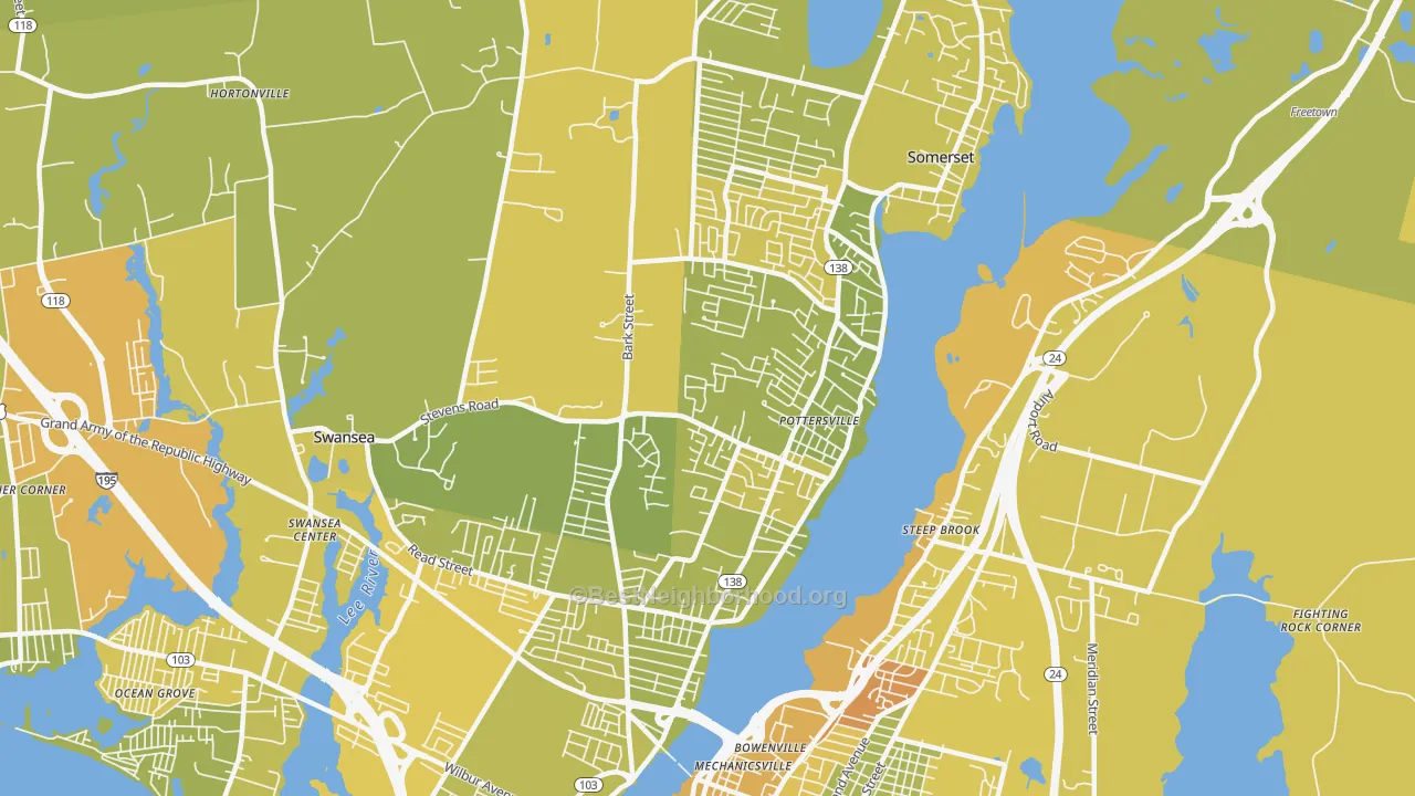 Map of the best neighborhoods in the Somerset area, with better matches in green and worse matches in red