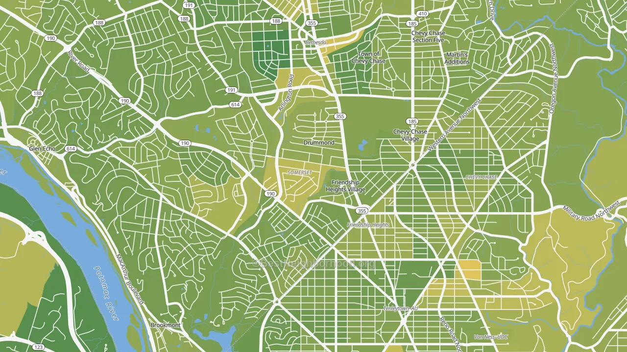 Map of the best neighborhoods in the Somerset area, with better matches in green and worse matches in red