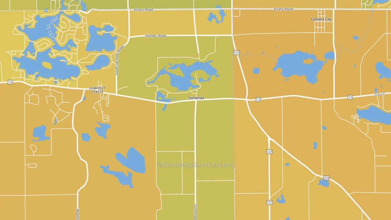 Map of the best neighborhoods in the Somerset area, with better matches in green and worse matches in red