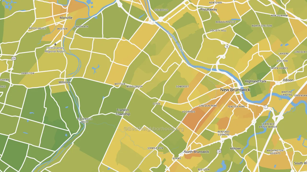 Map of the best neighborhoods in the Somerset area, with better matches in green and worse matches in red