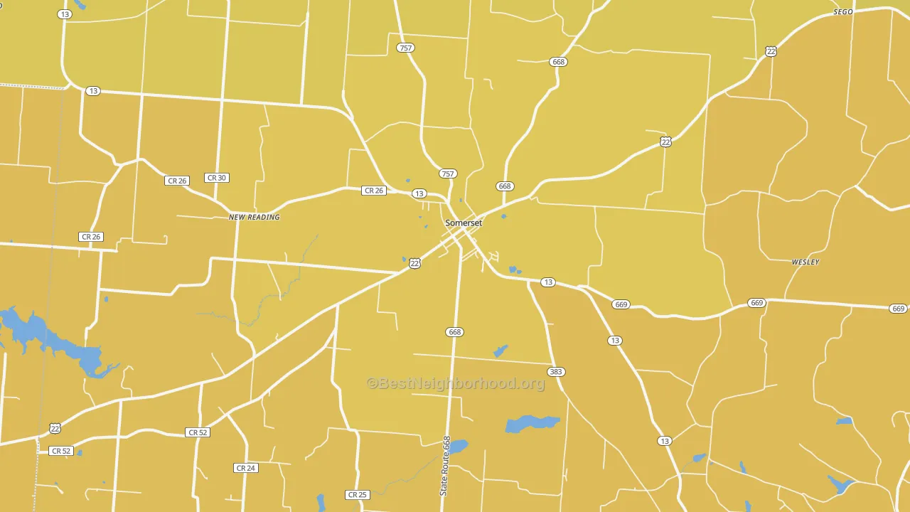 Map of the best neighborhoods in the Somerset area, with better matches in green and worse matches in red