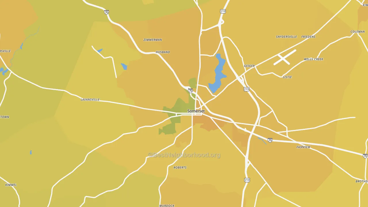 Map of the best neighborhoods in the Somerset area, with better matches in green and worse matches in red