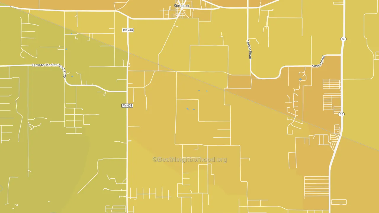 Map of the best neighborhoods in the Somerset area, with better matches in green and worse matches in red