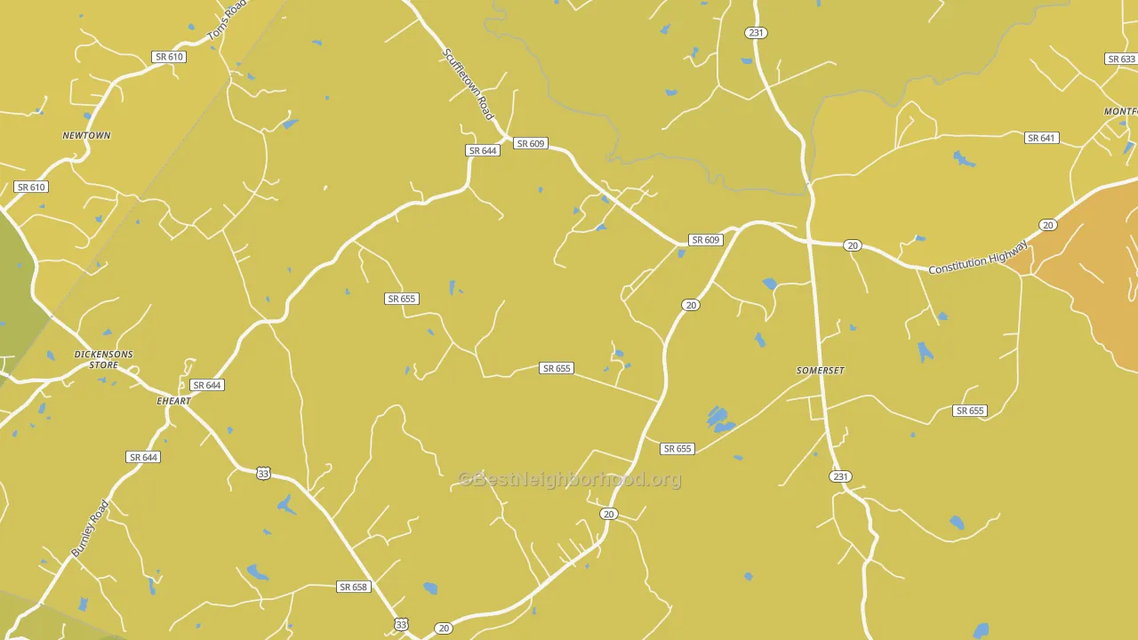 Map of the best neighborhoods in the Somerset area, with better matches in green and worse matches in red