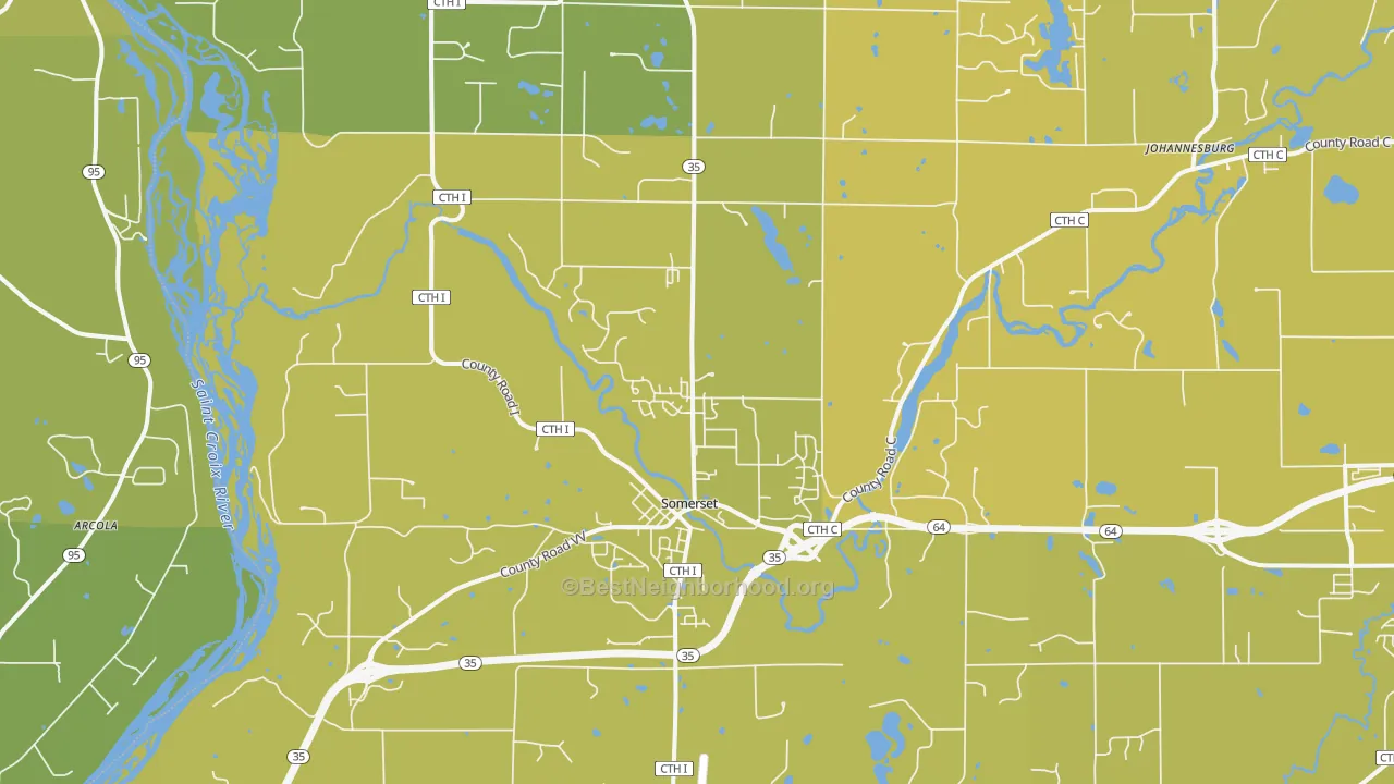 Map of the best neighborhoods in the Somerset area, with better matches in green and worse matches in red