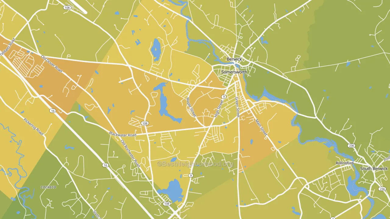 Map of the best neighborhoods in the Somersworth area, with better matches in green and worse matches in red