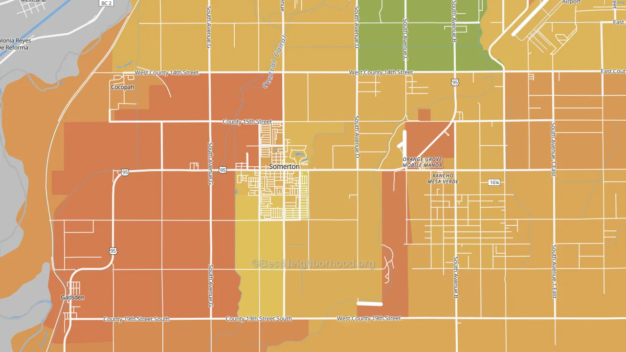 Map of the best neighborhoods in the Somerton area, with better matches in green and worse matches in red