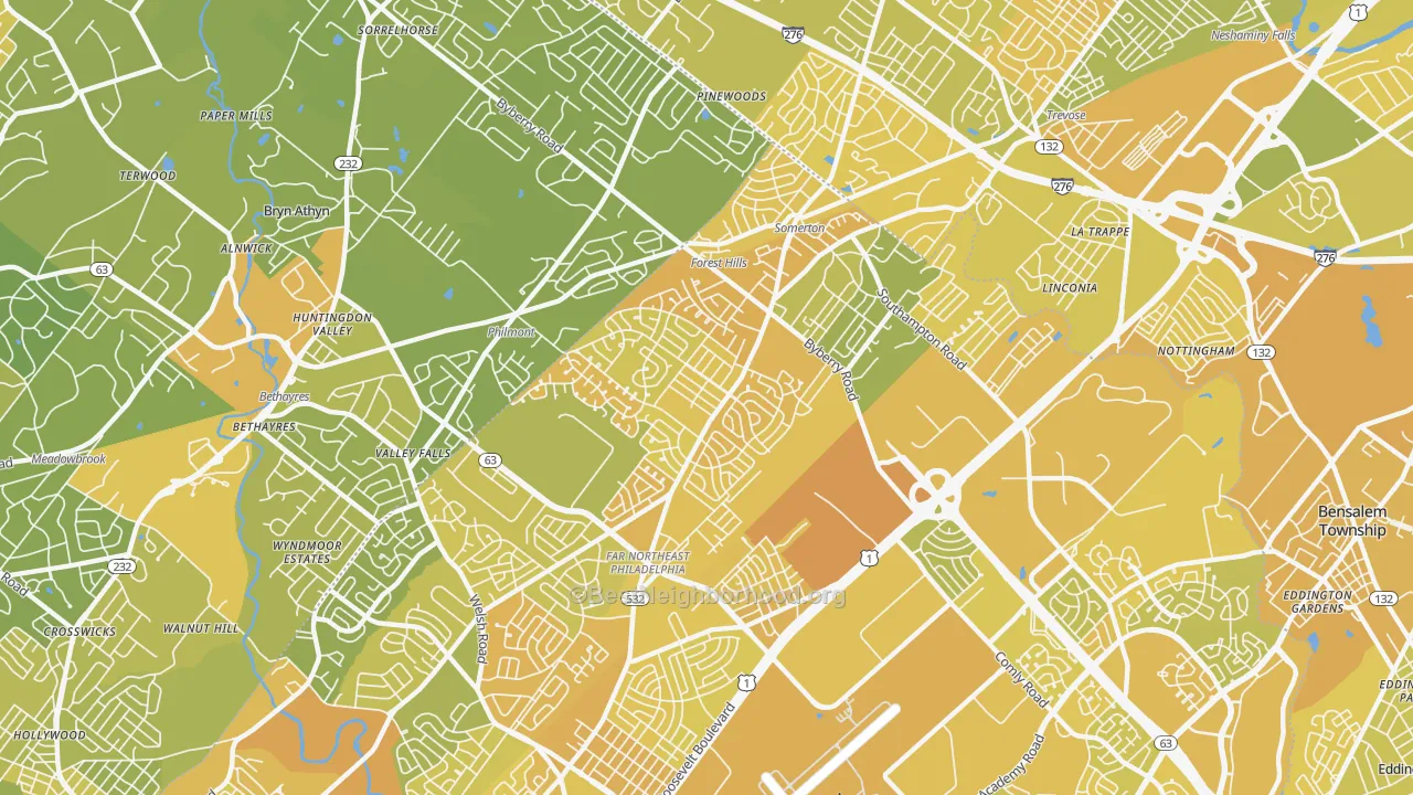 Map of the best neighborhoods in the Somerton, Philadelphia area, with better matches in green and worse matches in red