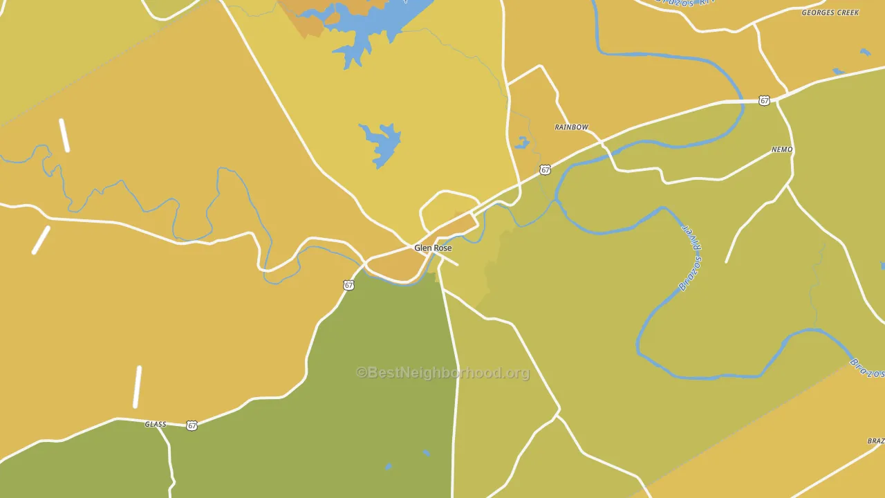 Map of the best neighborhoods in the Somervell County area, with better matches in green and worse matches in red