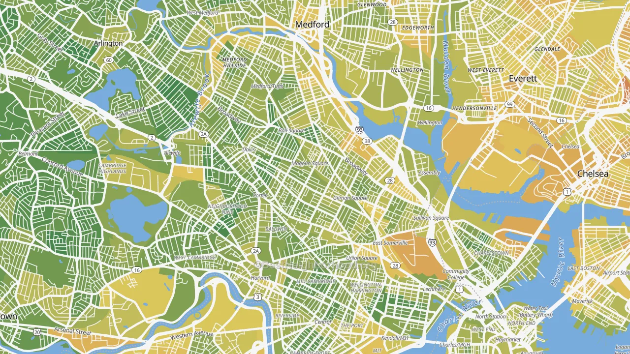 Map of the best neighborhoods in the Somerville area, with better matches in green and worse matches in red