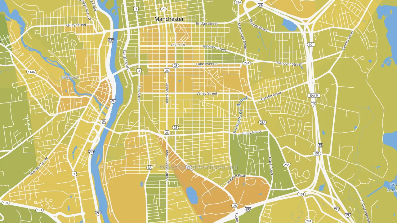 Map of the best neighborhoods in the Somerville, Manchester area, with better matches in green and worse matches in red