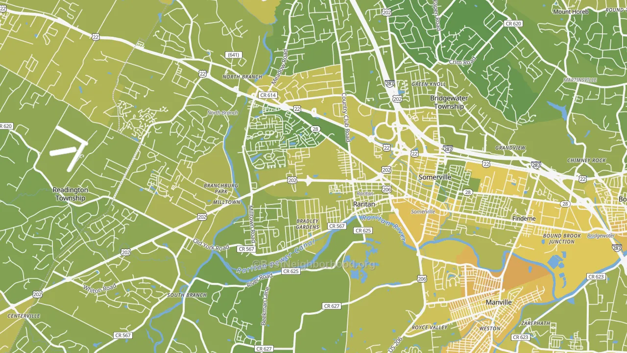 Map of the best neighborhoods in the Somerville area, with better matches in green and worse matches in red