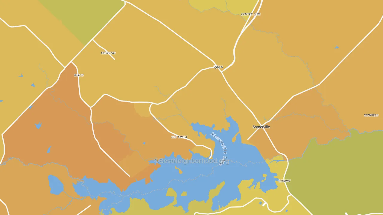 Map of the best neighborhoods in the Somerville area, with better matches in green and worse matches in red