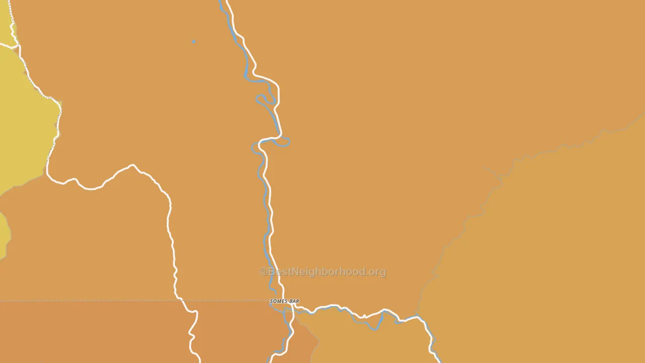 Map of the best neighborhoods in the Somes Bar area, with better matches in green and worse matches in red