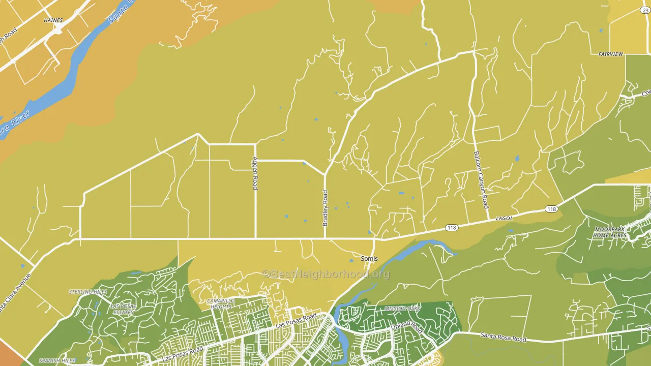Map of the best neighborhoods in the Somis area, with better matches in green and worse matches in red