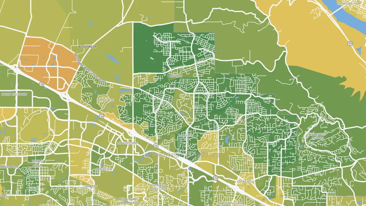 Map of the best neighborhoods in the Sommerset West-Elmonica North, Bethany area, with better matches in green and worse matches in red