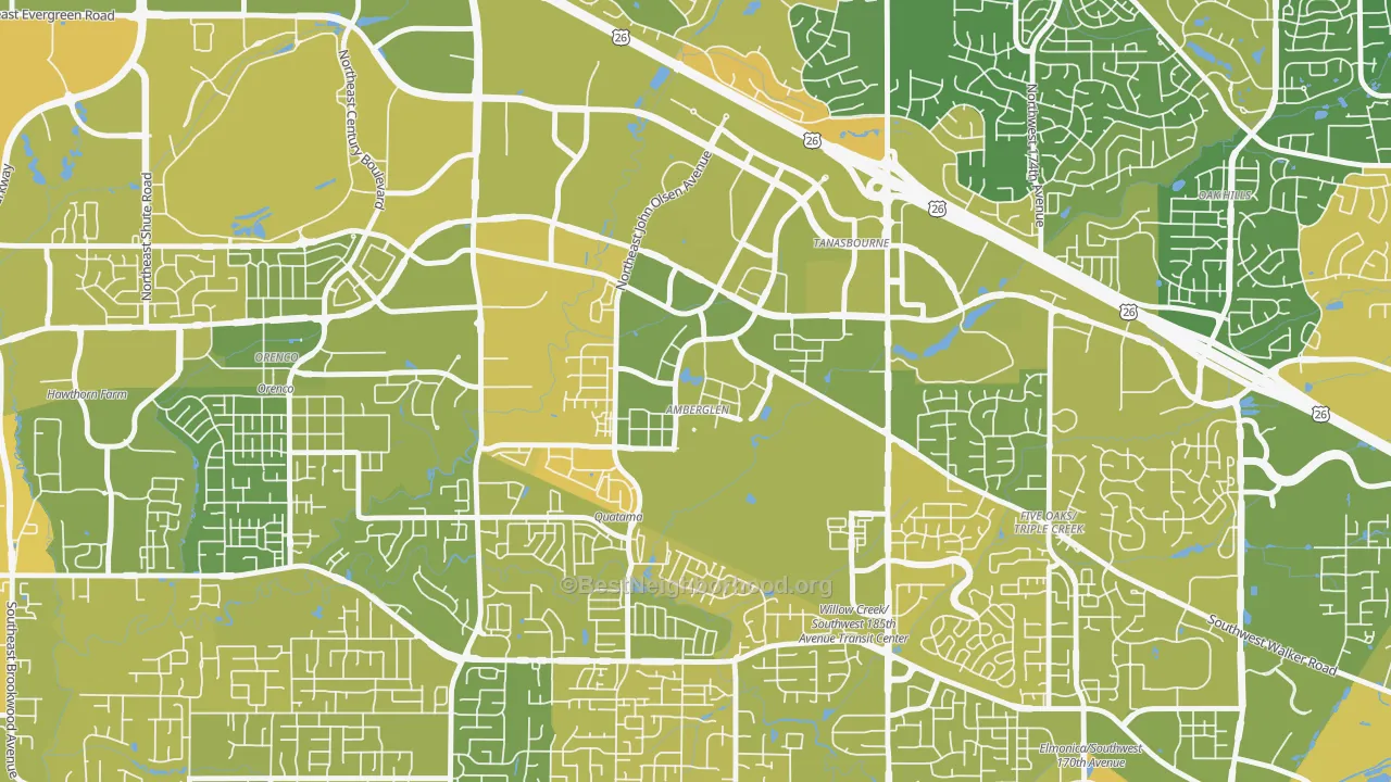 Map of the best neighborhoods in the Sommerset West-Elmonica South, Hillsboro area, with better matches in green and worse matches in red