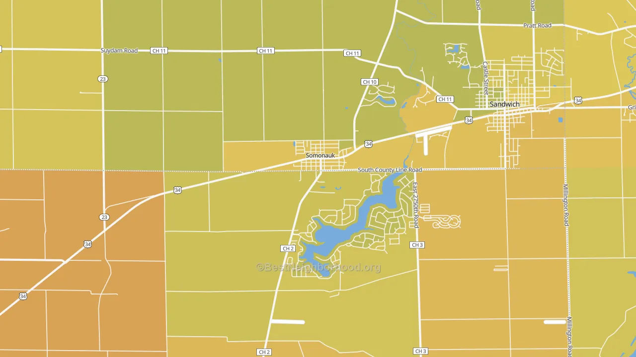 Map of the best neighborhoods in the Somonauk area, with better matches in green and worse matches in red