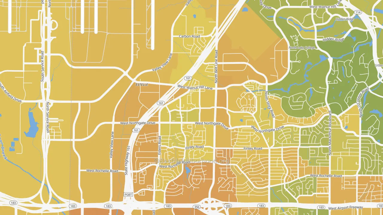 Map of the best neighborhoods in the Song, Irving area, with better matches in green and worse matches in red