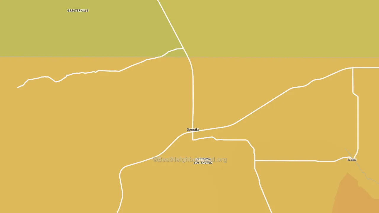 Map of the best neighborhoods in the Sonoita area, with better matches in green and worse matches in red