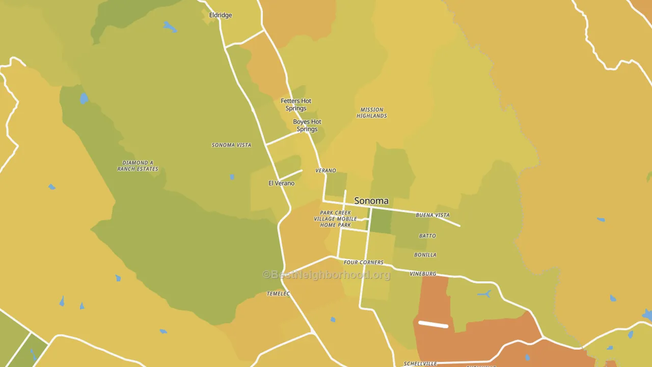 Map of the best neighborhoods in the Sonoma area, with better matches in green and worse matches in red