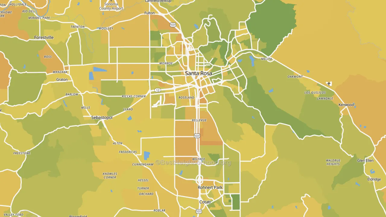 Map of the best neighborhoods in the Sonoma County area, with better matches in green and worse matches in red