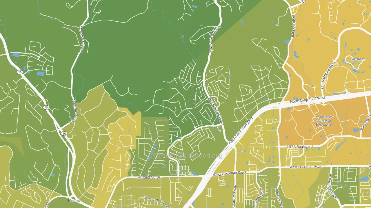 Map of the best neighborhoods in the Sonoma Ranch, Helotes area, with better matches in green and worse matches in red