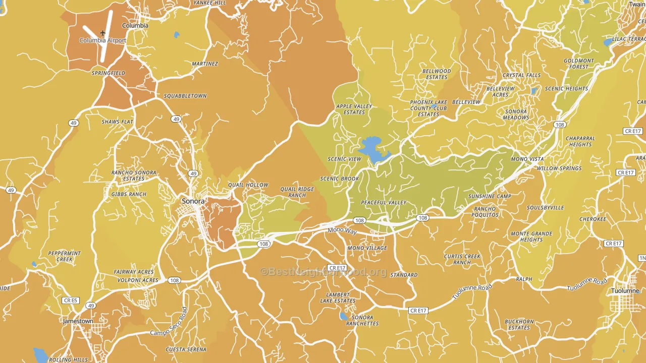 Map of the best neighborhoods in the Sonora area, with better matches in green and worse matches in red