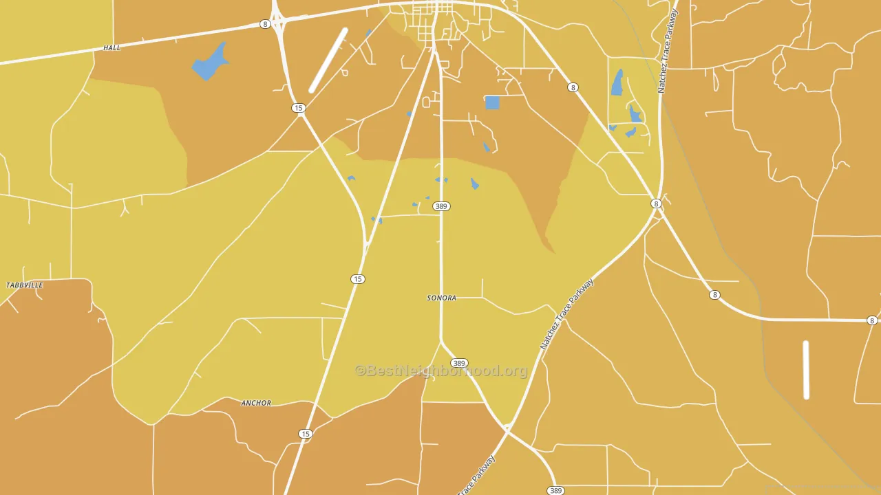 Map of the best neighborhoods in the Sonora area, with better matches in green and worse matches in red