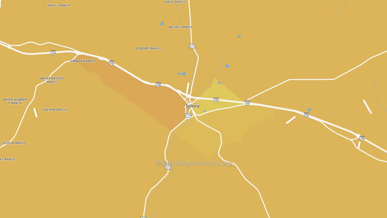 Map of the best neighborhoods in the Sonora area, with better matches in green and worse matches in red