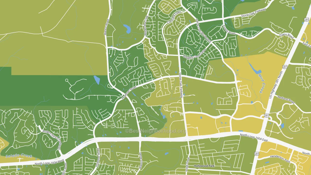 Map of the best neighborhoods in the Sonterra-Stone Oak, San Antonio area, with better matches in green and worse matches in red