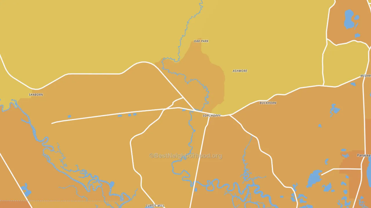 Map of the best neighborhoods in the Sopchoppy area, with better matches in green and worse matches in red