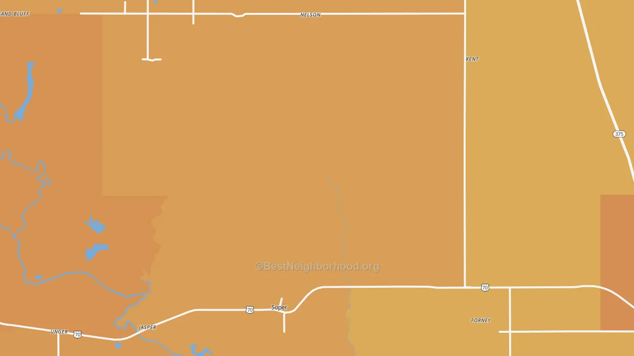 Map of the best neighborhoods in the Soper area, with better matches in green and worse matches in red