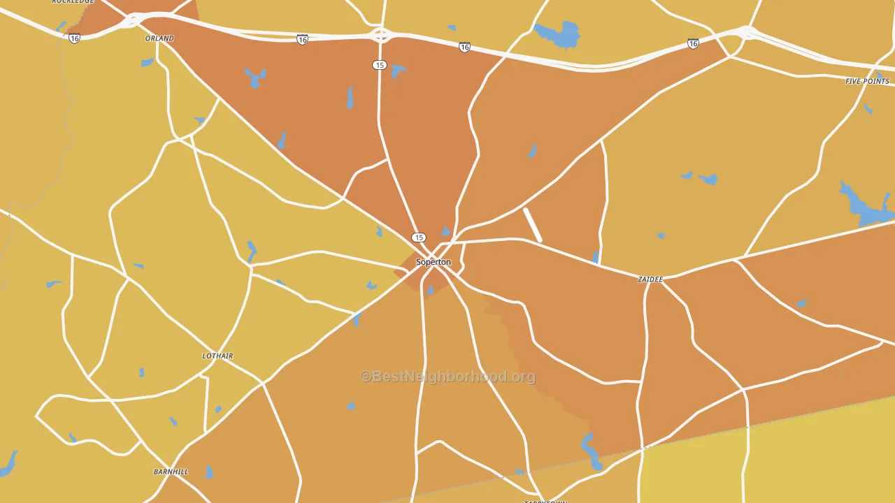 Map of the best neighborhoods in the Soperton area, with better matches in green and worse matches in red